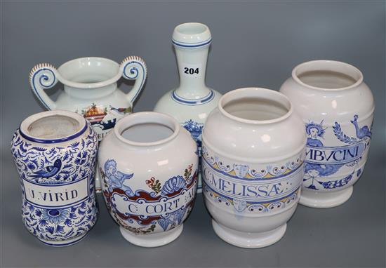 A collection of six various 17th / 18th century style ceramic drug jars